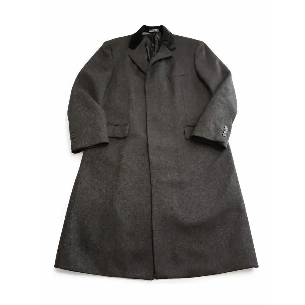 Tallia Uomo Italy Black Herringbone Wool Overcoat Trench Coat Size 40
